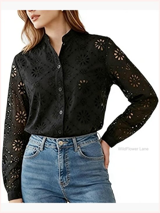Tops - Eyelet Floral Embroidered Blouse Long Sleeve Mock Neck Lace Shirt